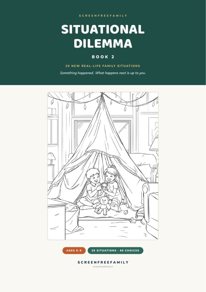 Situational Dilemma Book 2 cover, a colouring and decision-making activity book of 20 new real-life family situations for ages 6 to 9
